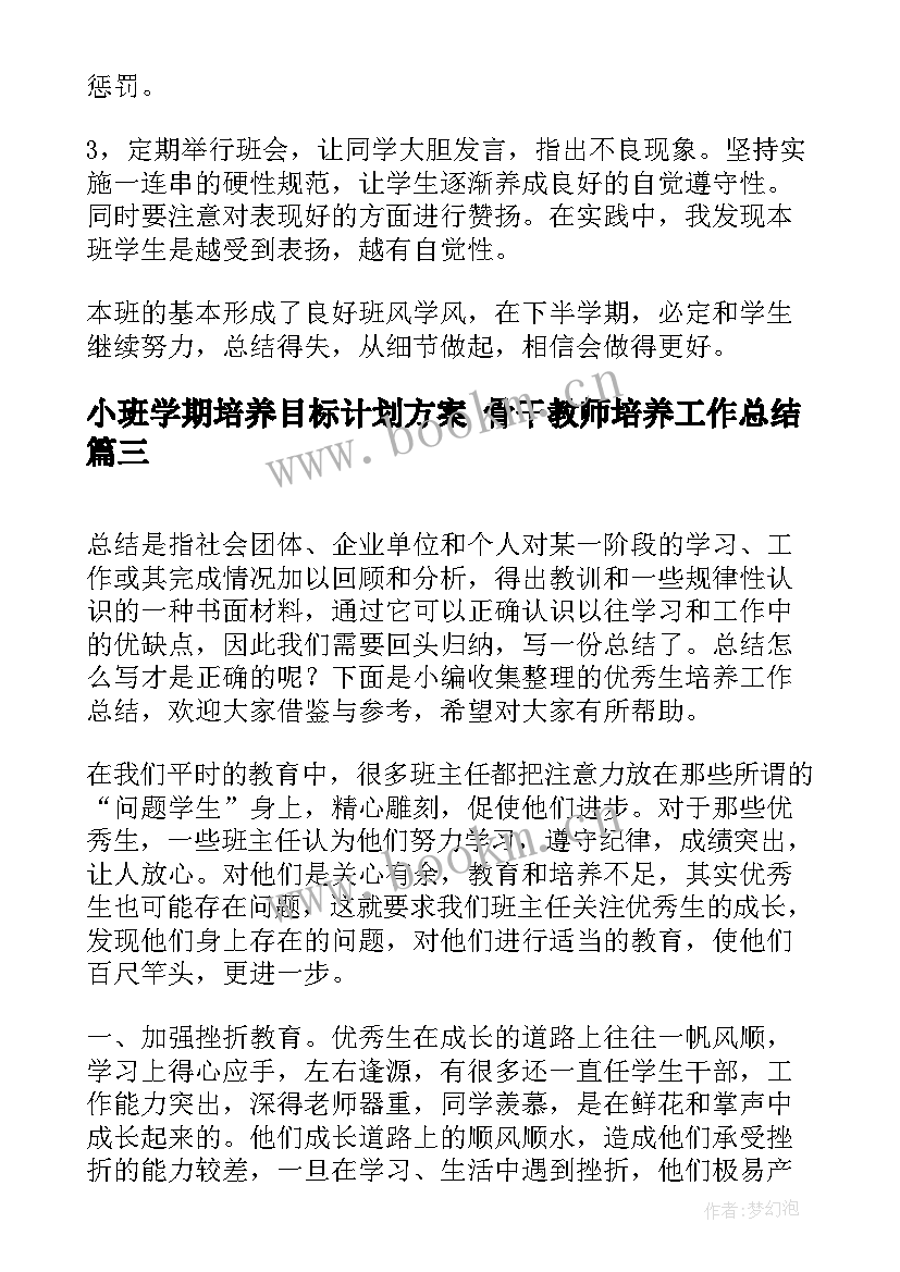 小班学期培养目标计划方案 骨干教师培养工作总结(精选10篇)