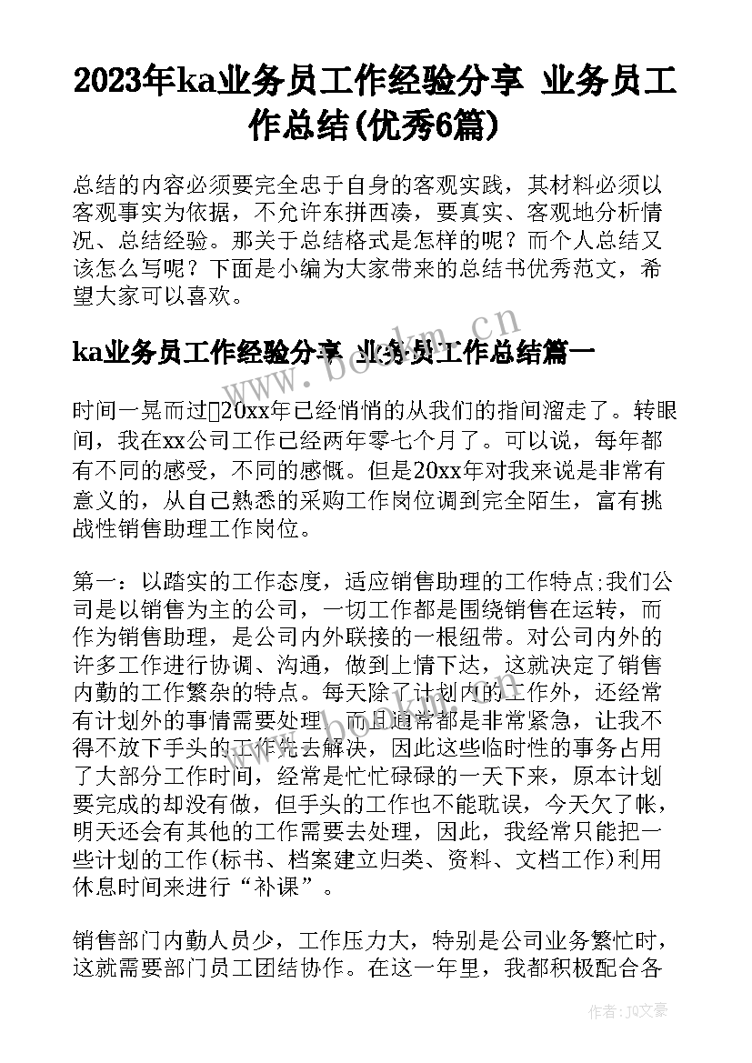 2023年ka业务员工作经验分享 业务员工作总结(优秀6篇)