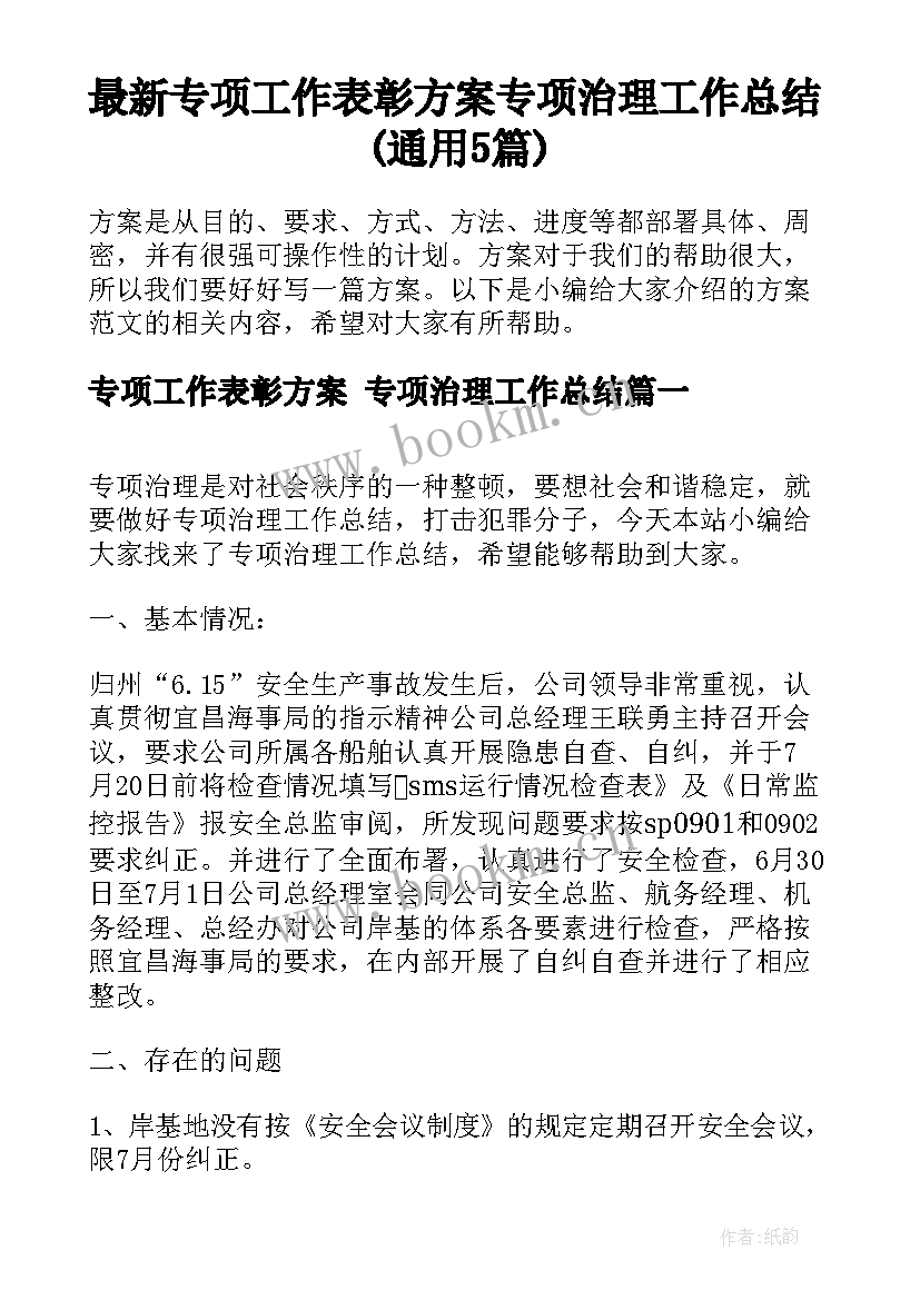 最新专项工作表彰方案 专项治理工作总结(通用5篇)