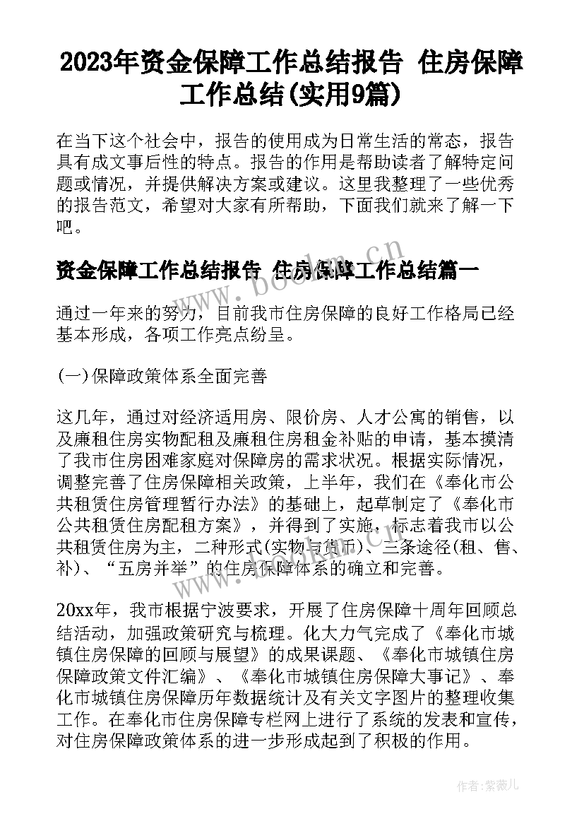 2023年资金保障工作总结报告 住房保障工作总结(实用9篇)