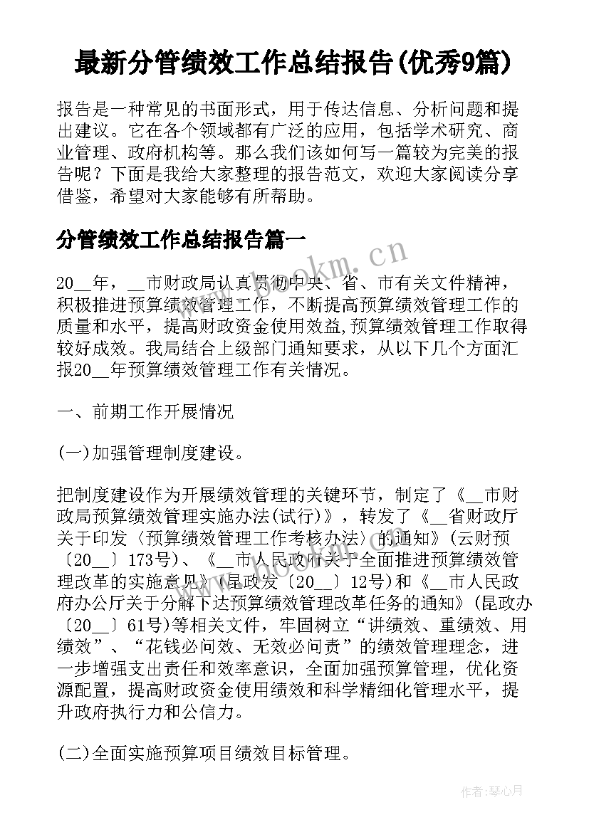 最新分管绩效工作总结报告(优秀9篇)