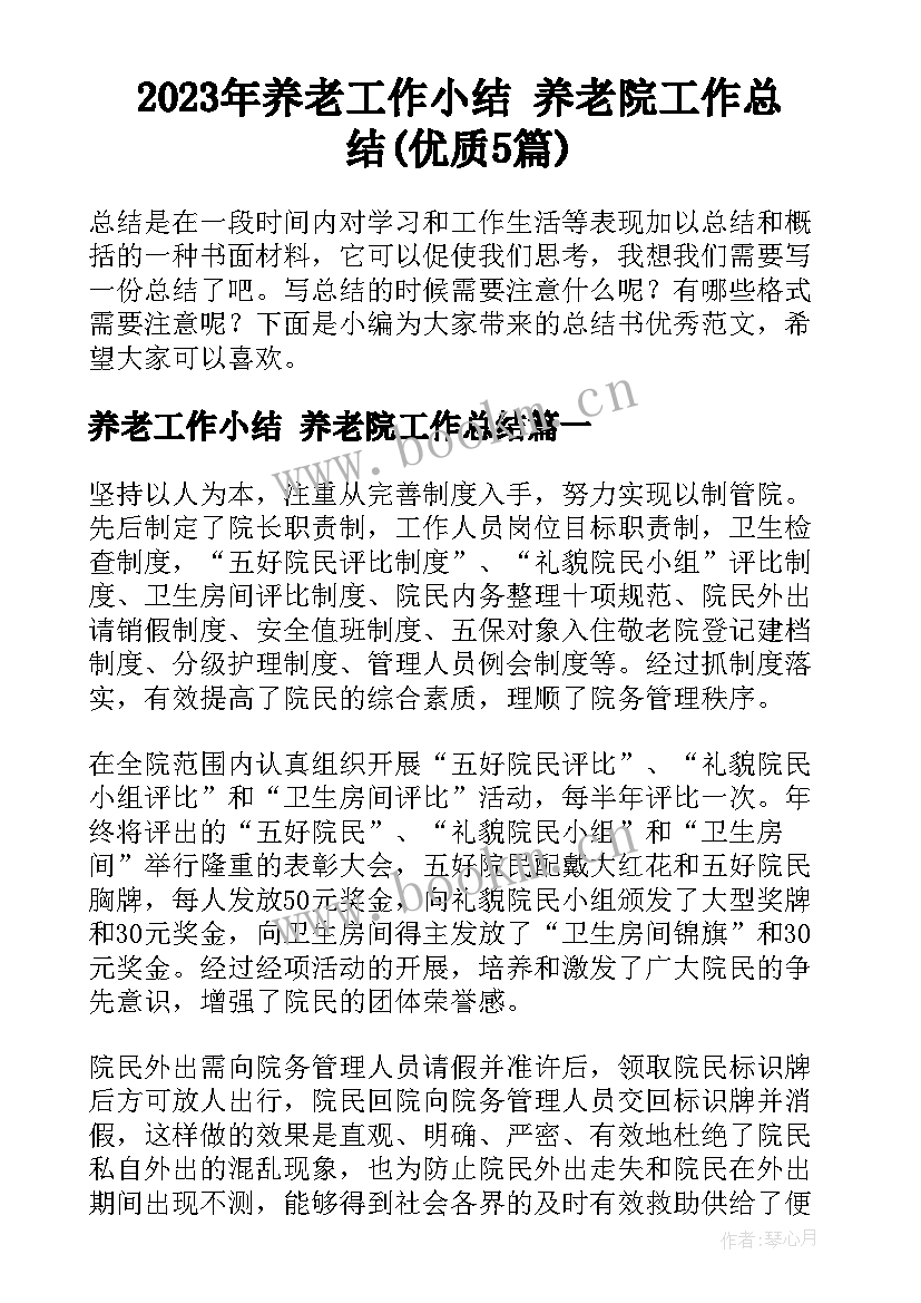 2023年养老工作小结 养老院工作总结(优质5篇)