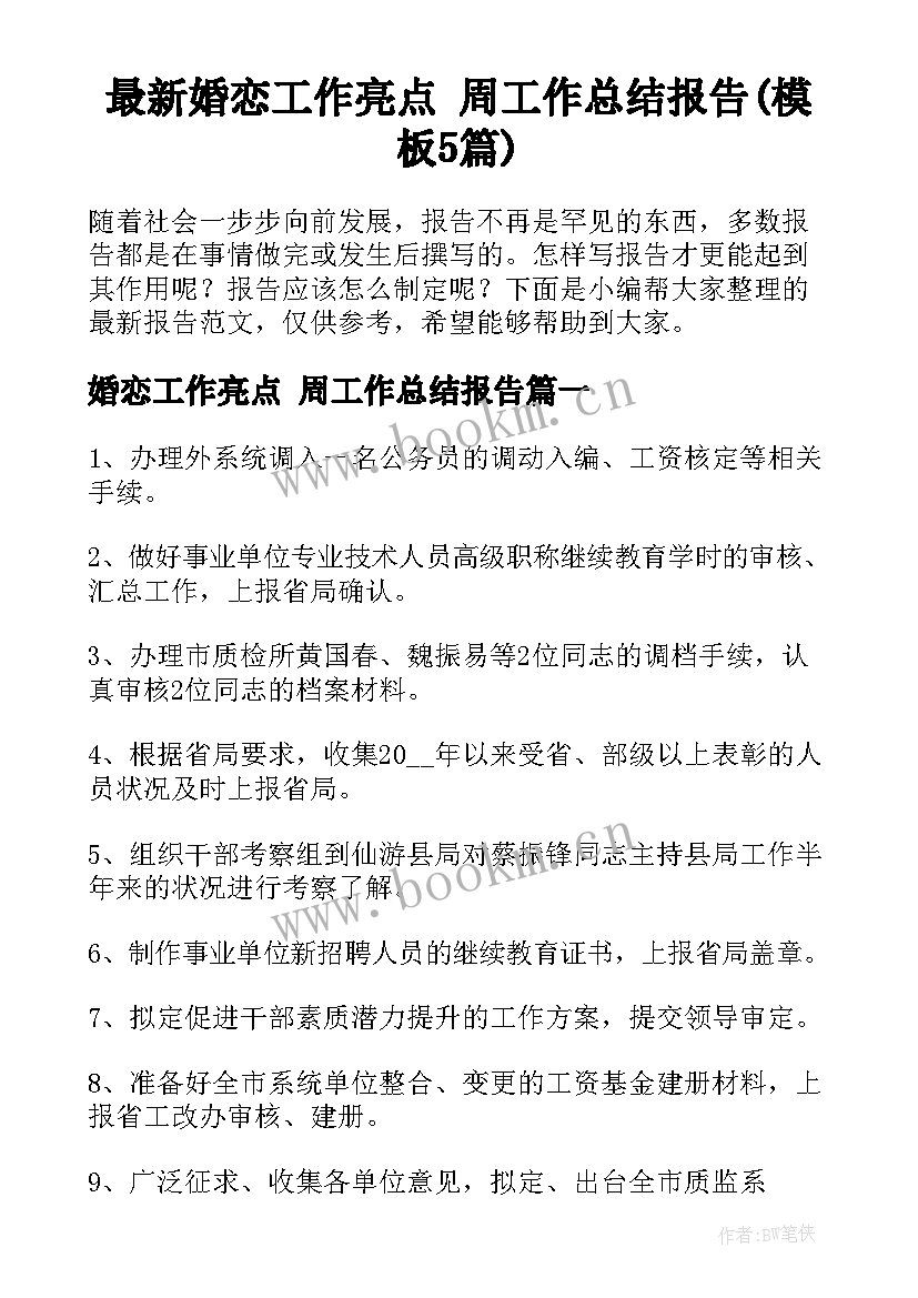 最新婚恋工作亮点 周工作总结报告(模板5篇)