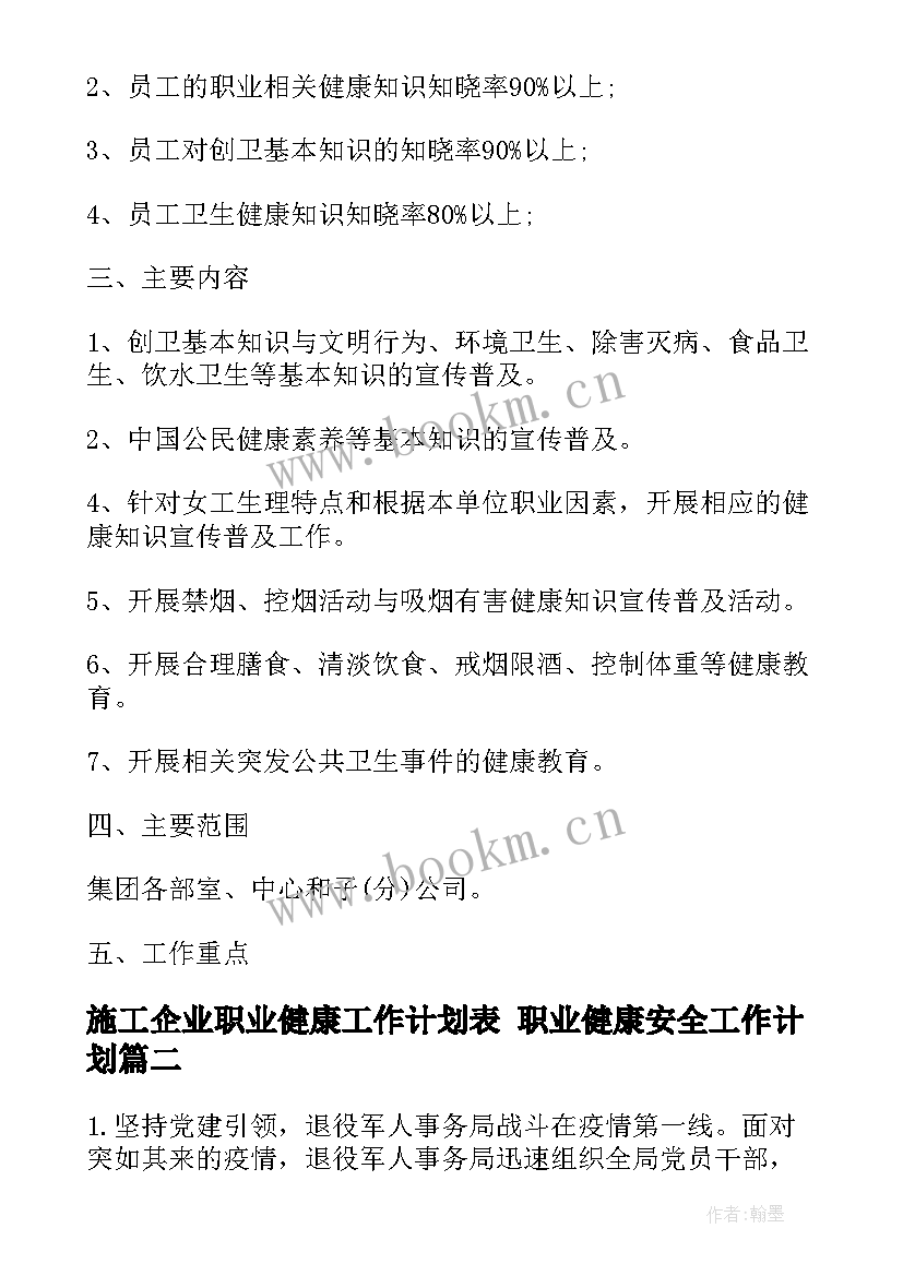 施工企业职业健康工作计划表 职业健康安全工作计划(精选5篇)