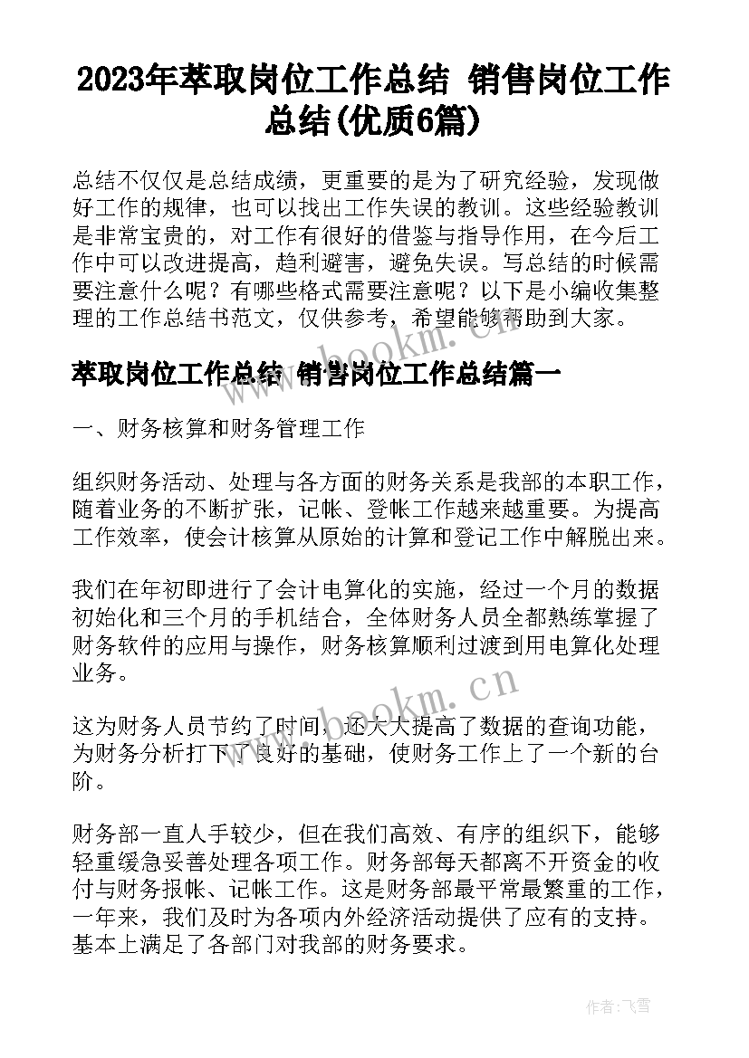 2023年萃取岗位工作总结 销售岗位工作总结(优质6篇)