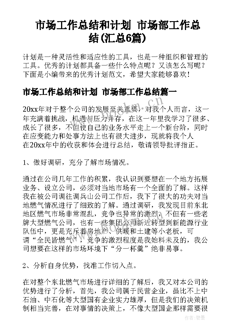 市场工作总结和计划 市场部工作总结(汇总6篇)