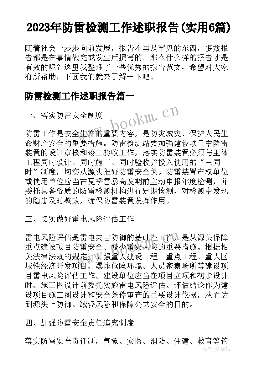 2023年防雷检测工作述职报告(实用6篇)