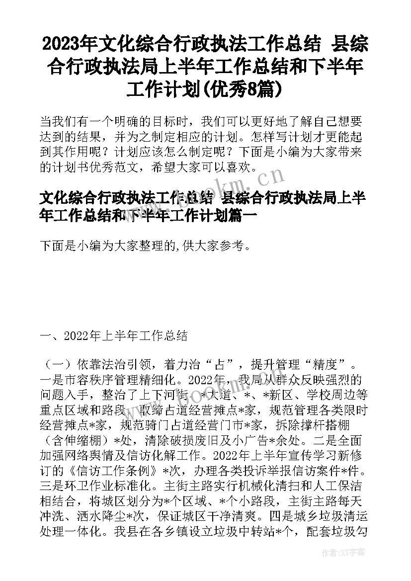 2023年文化综合行政执法工作总结 县综合行政执法局上半年工作总结和下半年工作计划(优秀8篇)