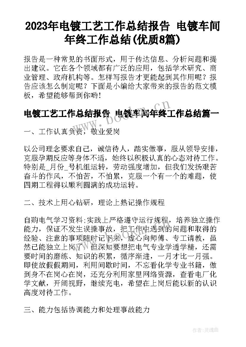 2023年电镀工艺工作总结报告 电镀车间年终工作总结(优质8篇)