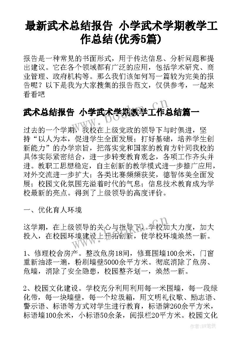 最新武术总结报告 小学武术学期教学工作总结(优秀5篇)