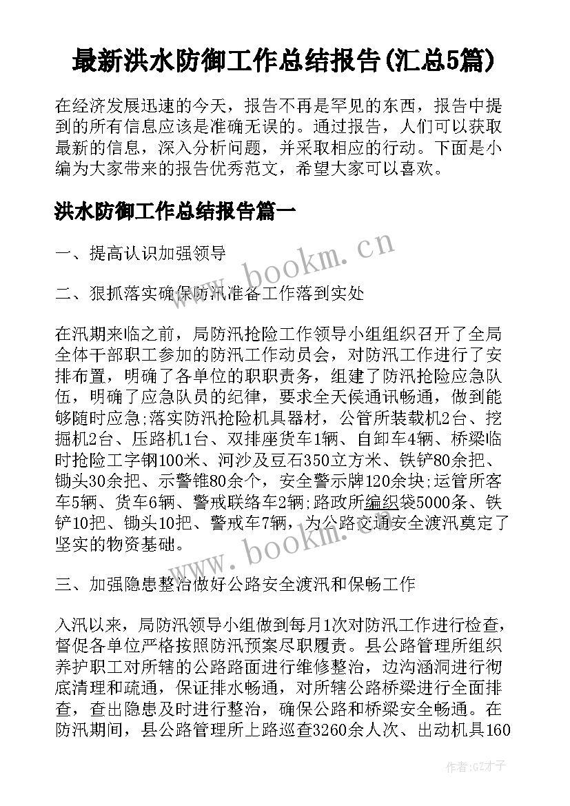 最新洪水防御工作总结报告(汇总5篇)