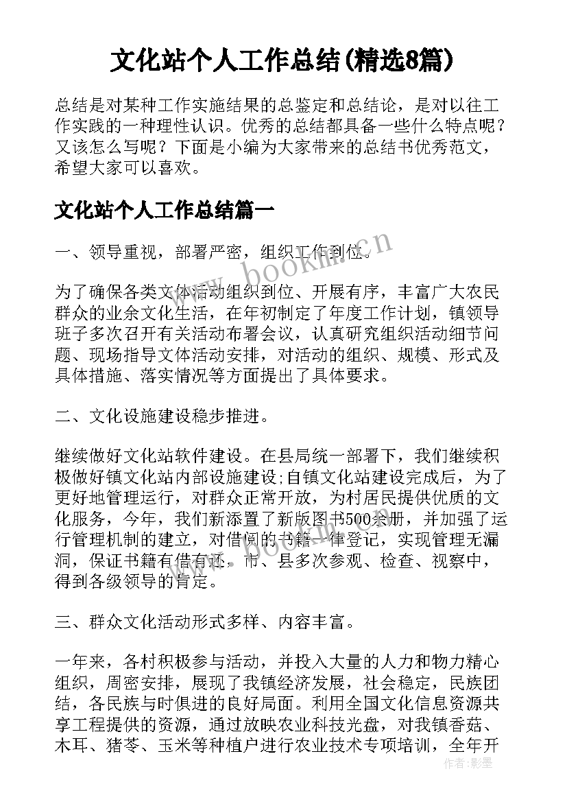 文化站个人工作总结(精选8篇)