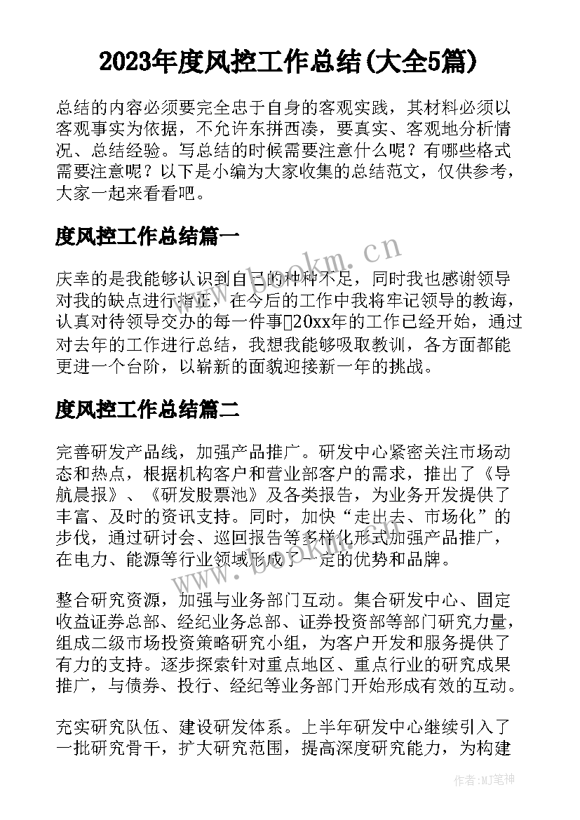 2023年度风控工作总结(大全5篇)