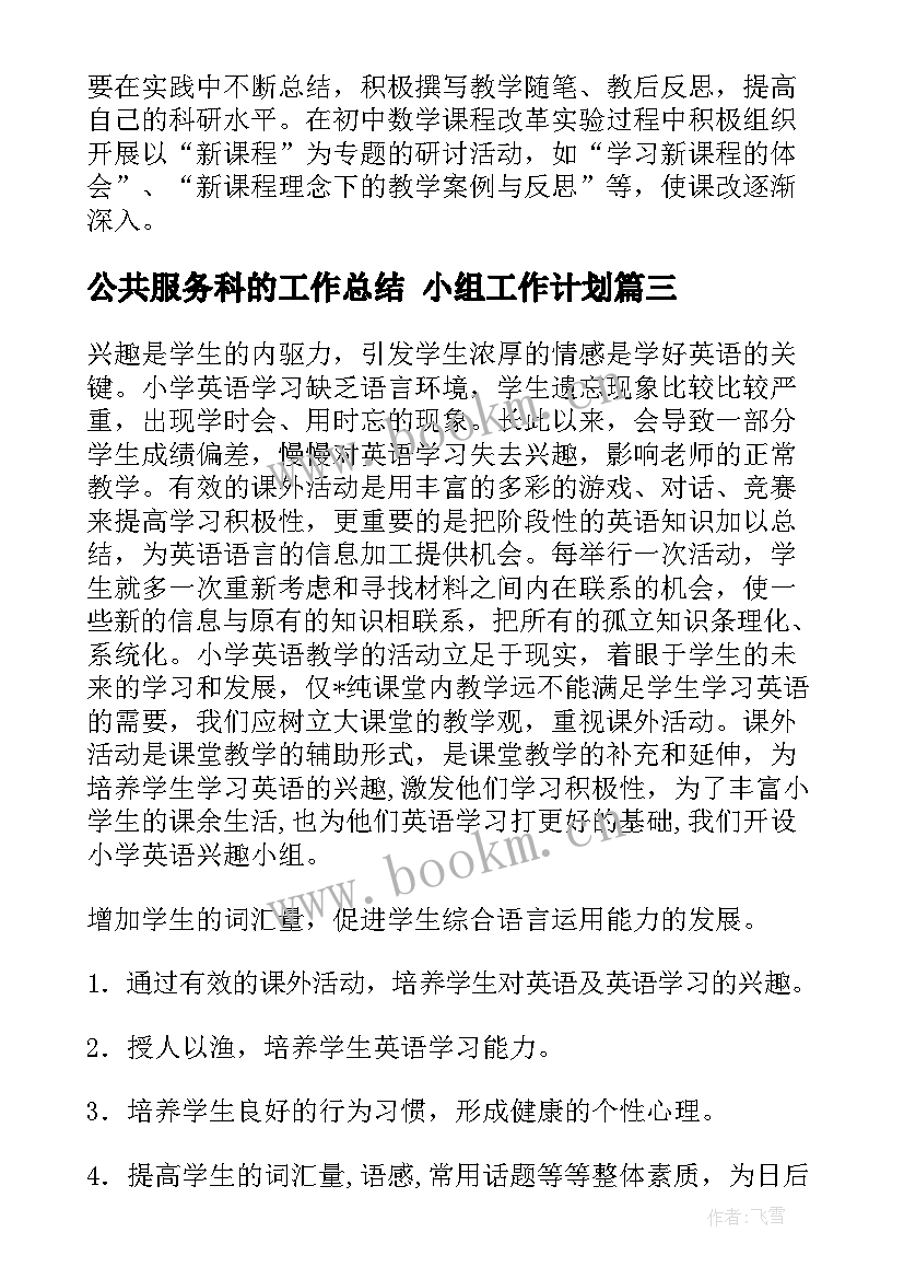 2023年公共服务科的工作总结 小组工作计划(优秀8篇)