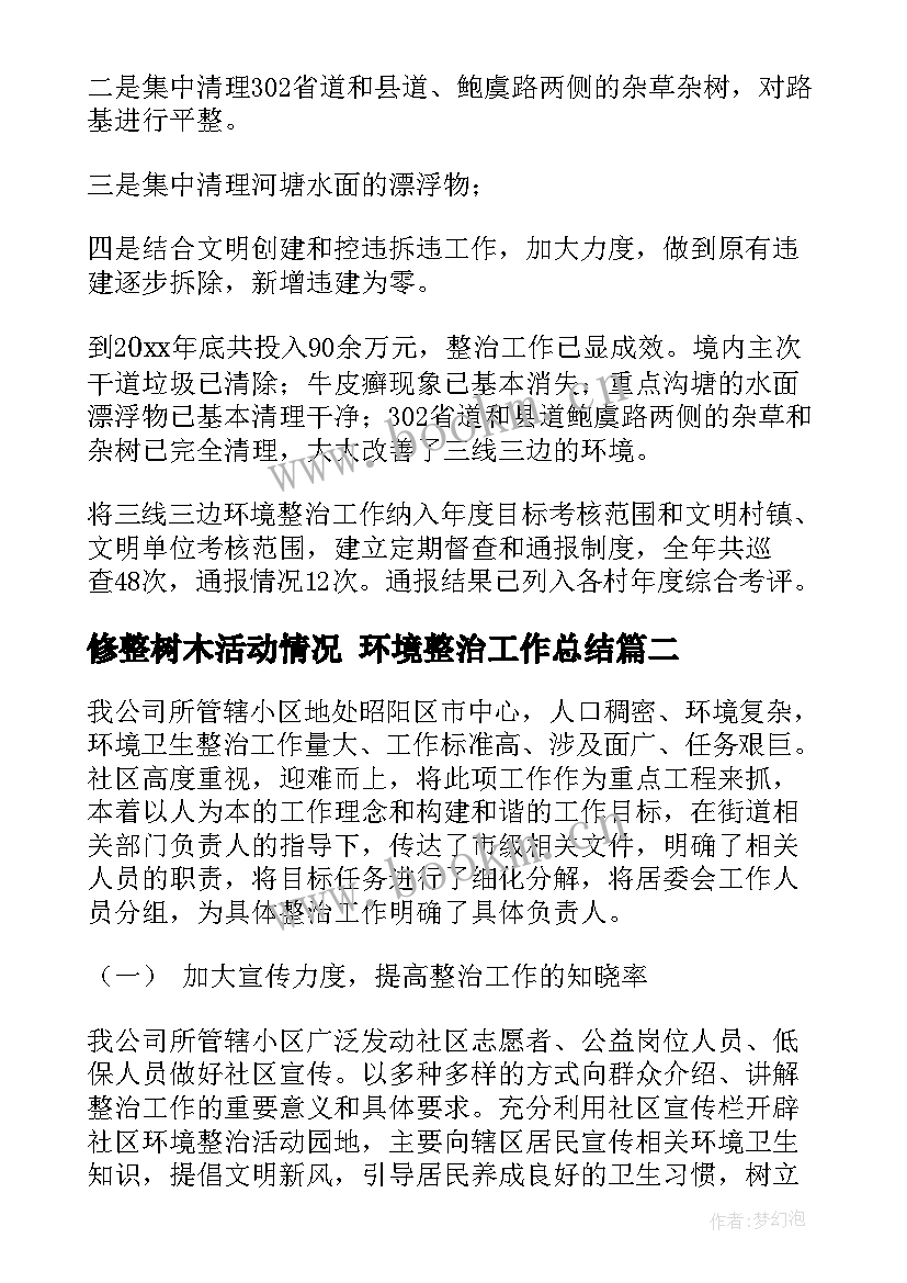 2023年修整树木活动情况 环境整治工作总结(大全5篇)