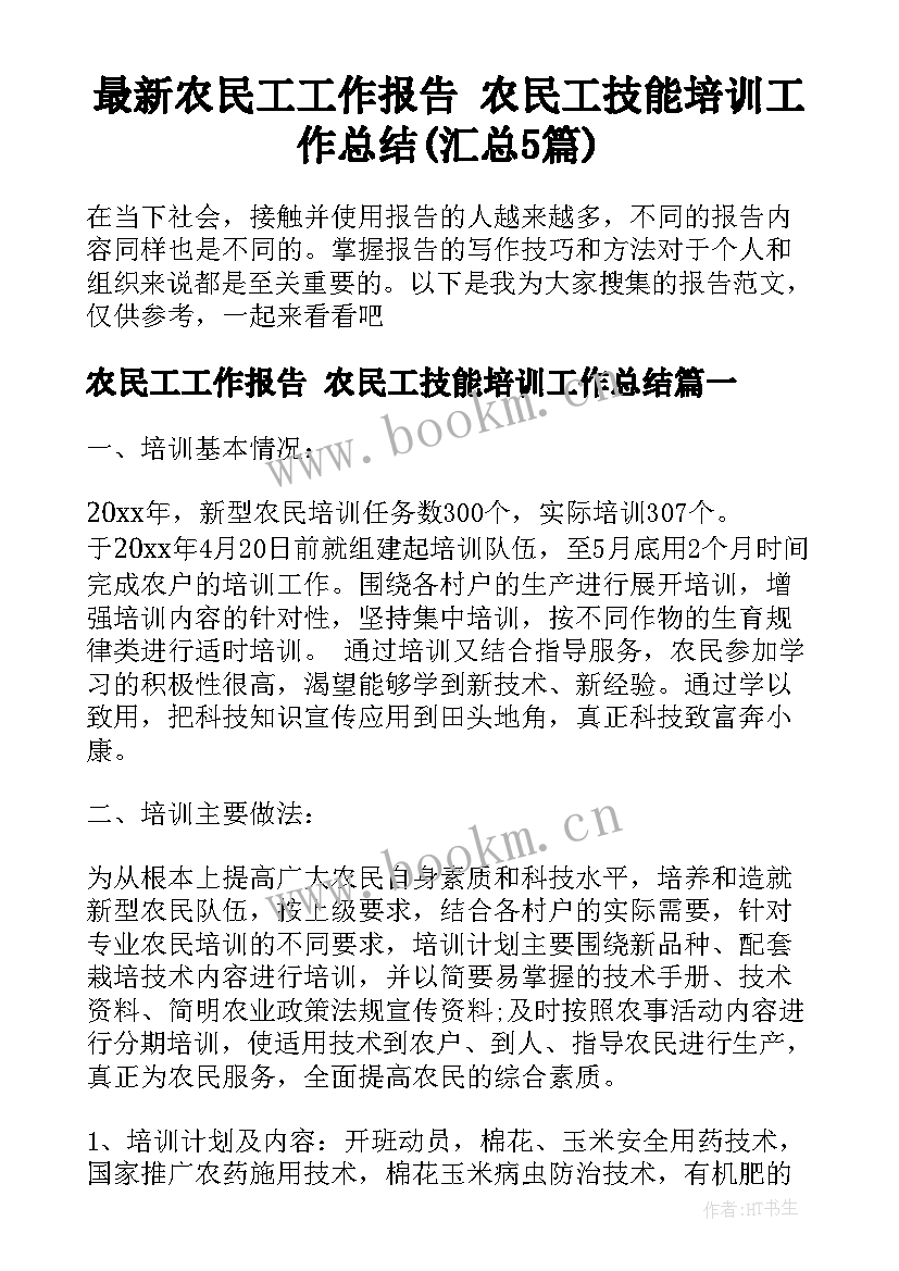 最新农民工工作报告 农民工技能培训工作总结(汇总5篇)