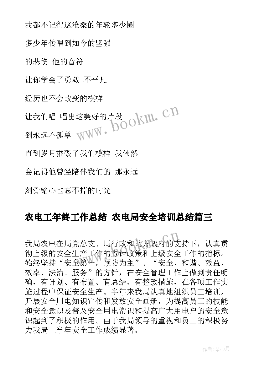 2023年农电工年终工作总结 农电局安全培训总结(大全8篇)