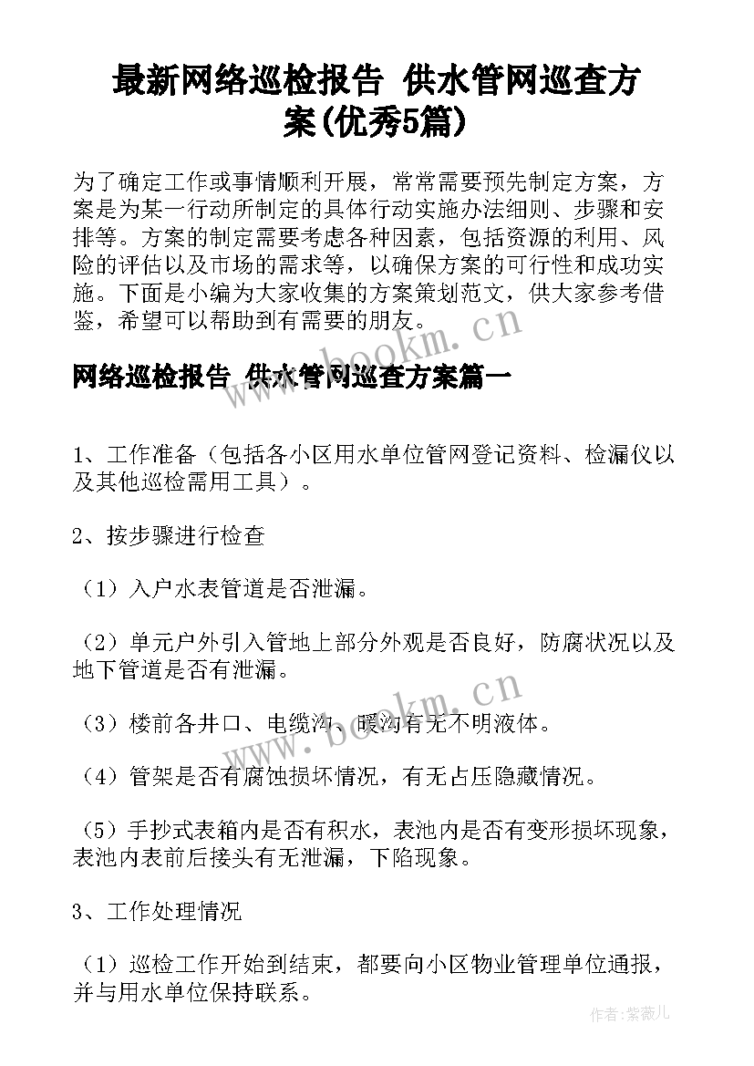 最新网络巡检报告 供水管网巡查方案(优秀5篇)