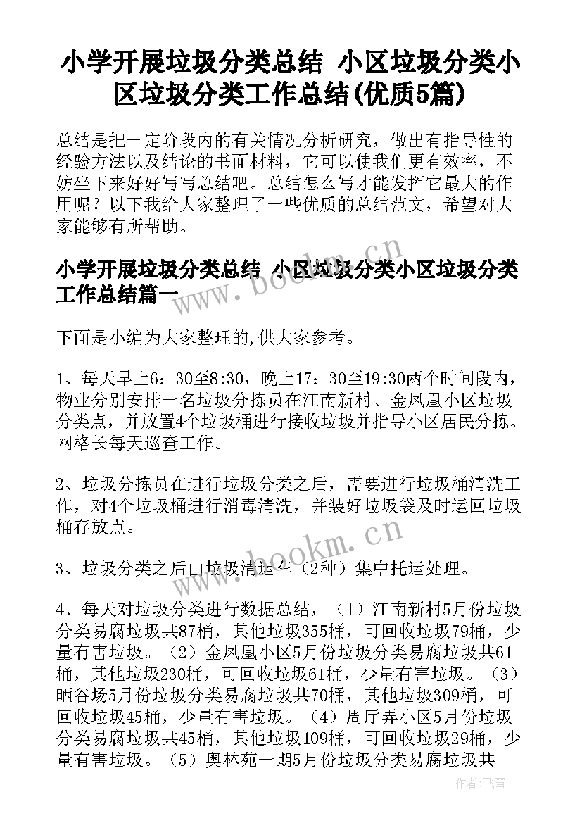 小学开展垃圾分类总结 小区垃圾分类小区垃圾分类工作总结(优质5篇)