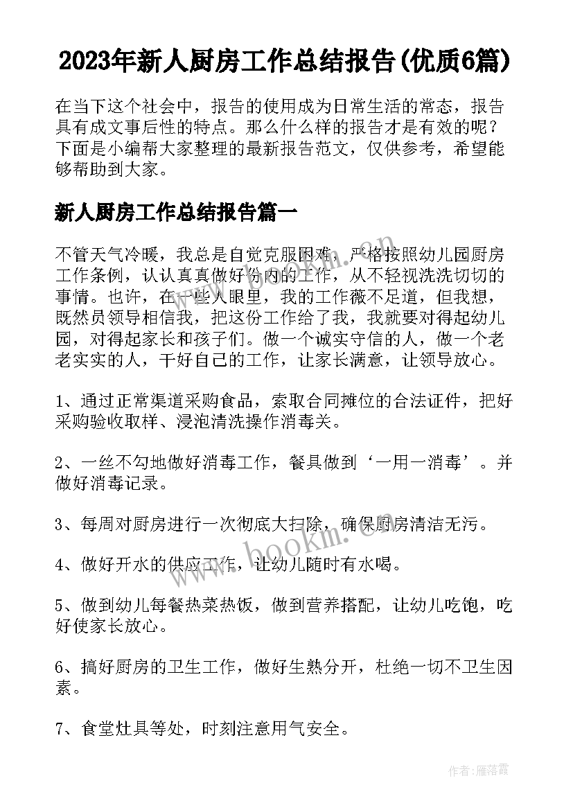 2023年新人厨房工作总结报告(优质6篇)