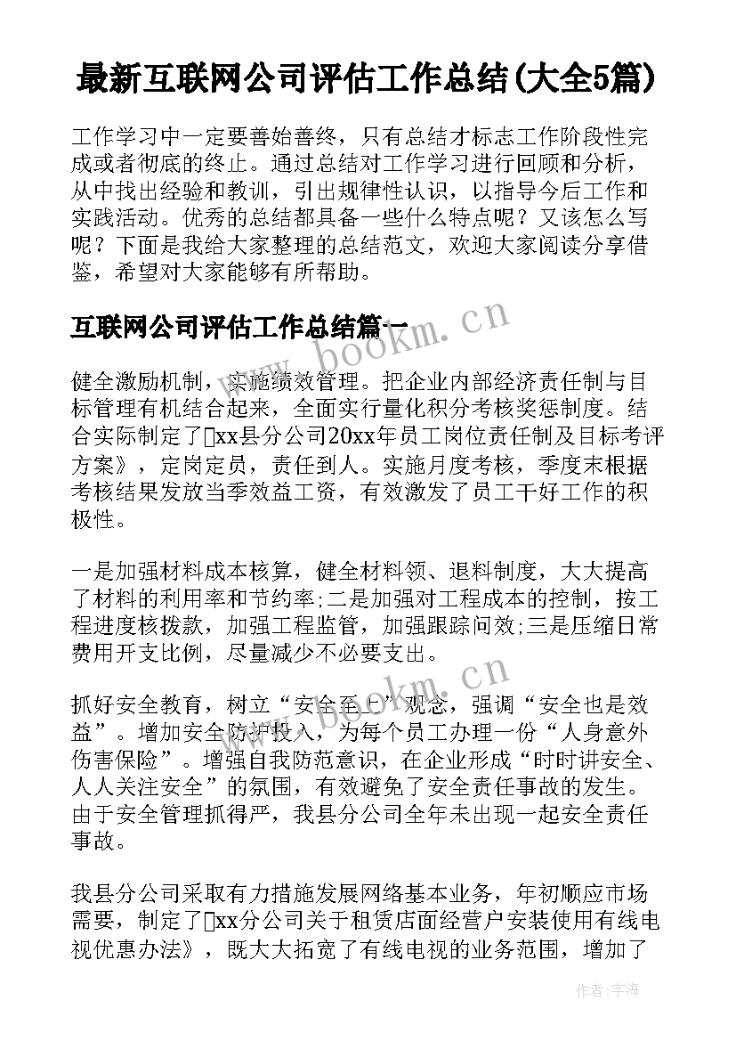 最新互联网公司评估工作总结(大全5篇)