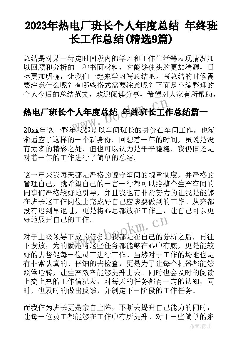 2023年热电厂班长个人年度总结 年终班长工作总结(精选9篇)