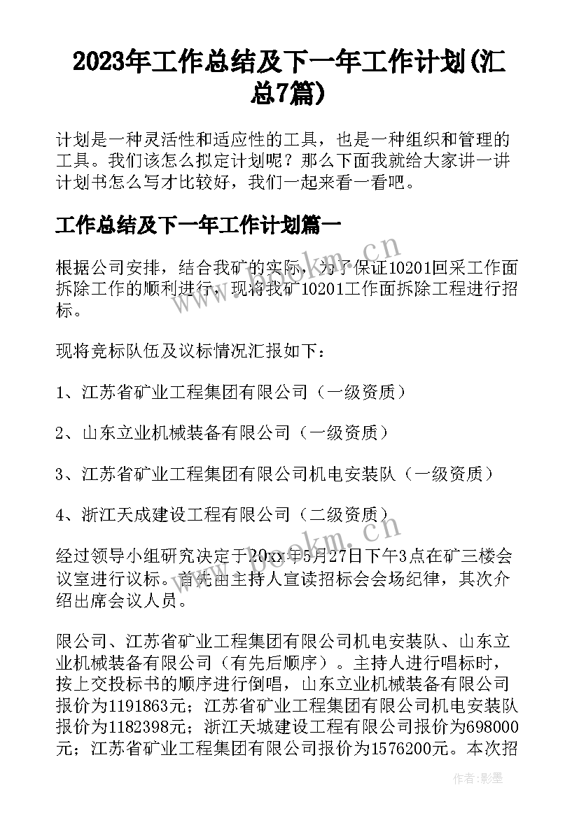 2023年工作总结及下一年工作计划(汇总7篇)