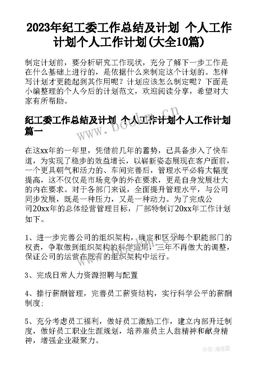 2023年纪工委工作总结及计划 个人工作计划个人工作计划(大全10篇)