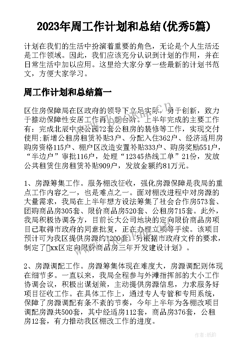 2023年周工作计划和总结(优秀5篇)