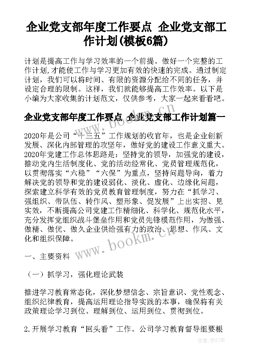 企业党支部年度工作要点 企业党支部工作计划(模板6篇)