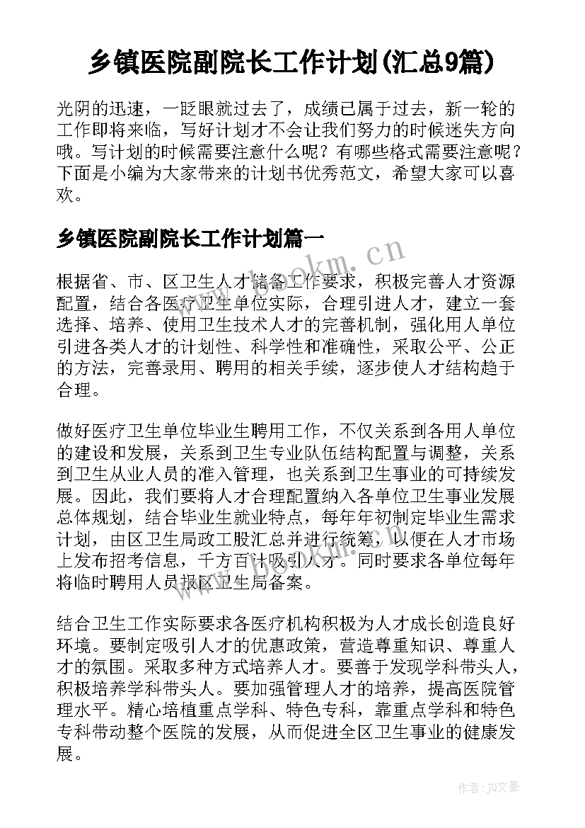 乡镇医院副院长工作计划(汇总9篇)