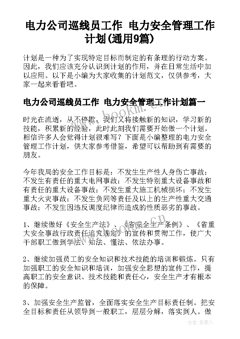 电力公司巡线员工作 电力安全管理工作计划(通用9篇)