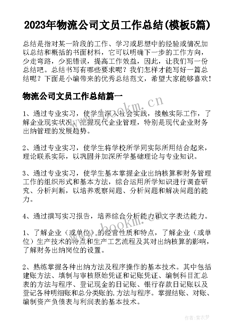 2023年物流公司文员工作总结(模板5篇)