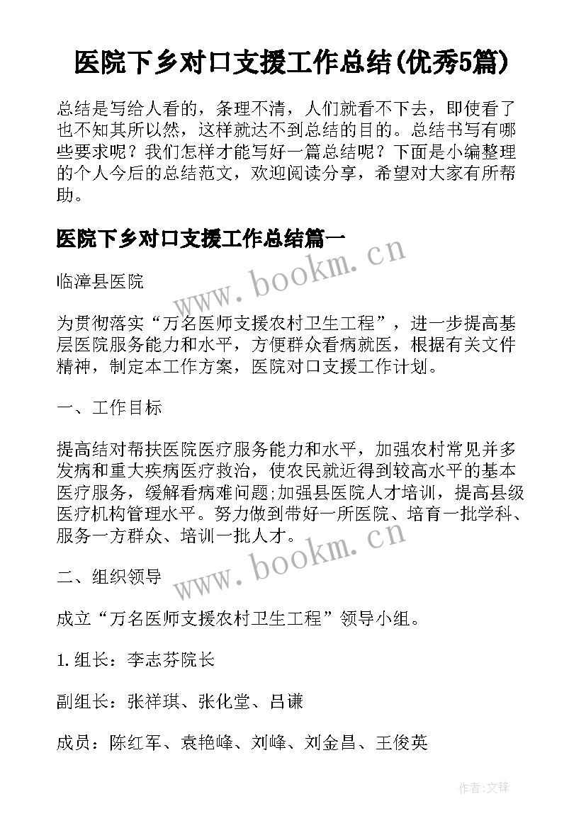 医院下乡对口支援工作总结(优秀5篇)