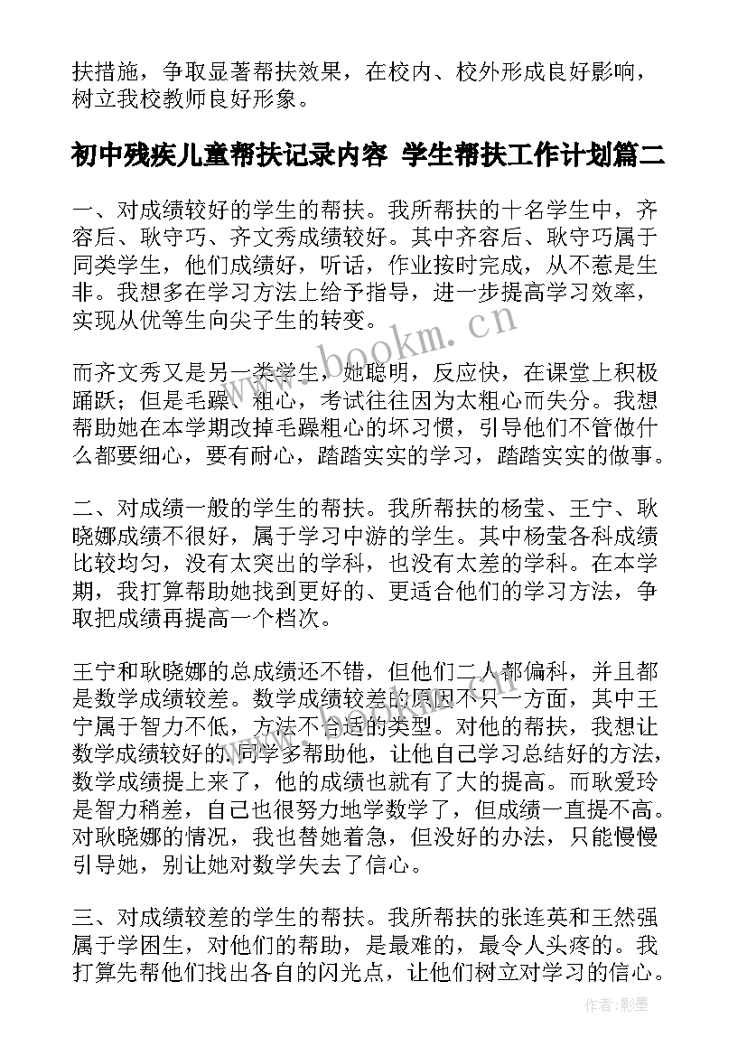 初中残疾儿童帮扶记录内容 学生帮扶工作计划(优秀6篇)