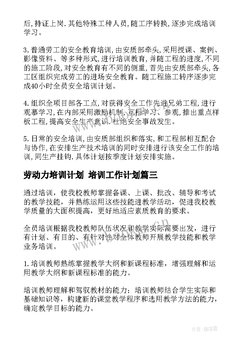 劳动力培训计划 培训工作计划(优质8篇)