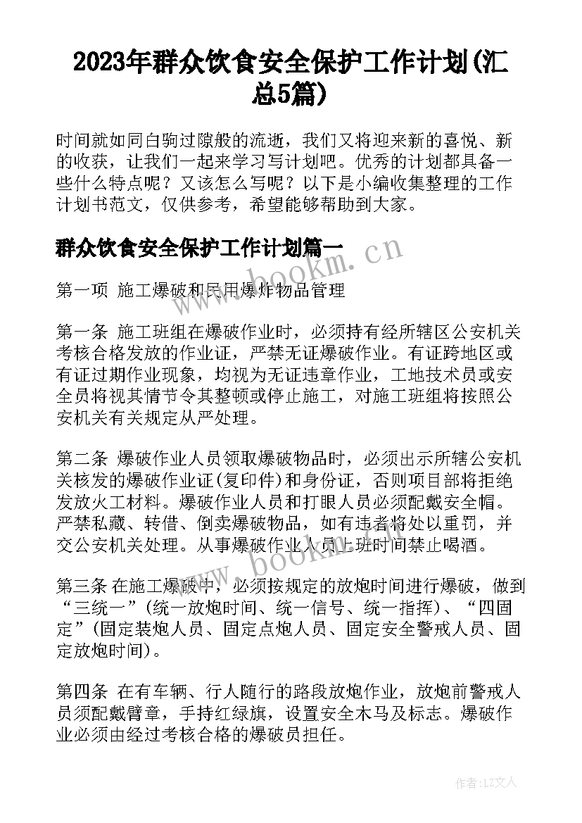 2023年群众饮食安全保护工作计划(汇总5篇)