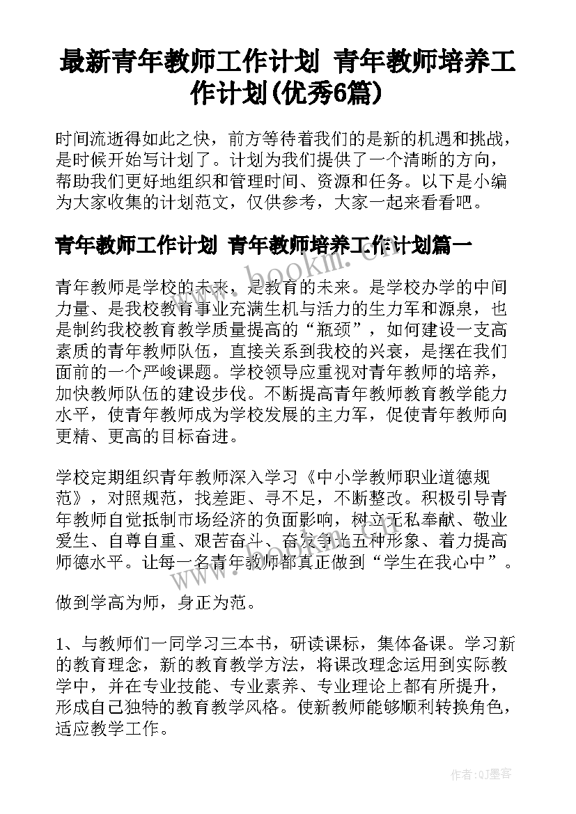 最新青年教师工作计划 青年教师培养工作计划(优秀6篇)