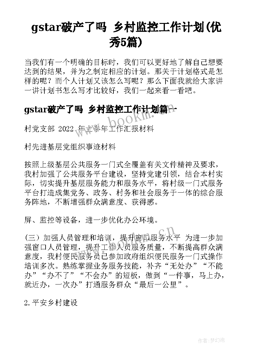 gstar破产了吗 乡村监控工作计划(优秀5篇)