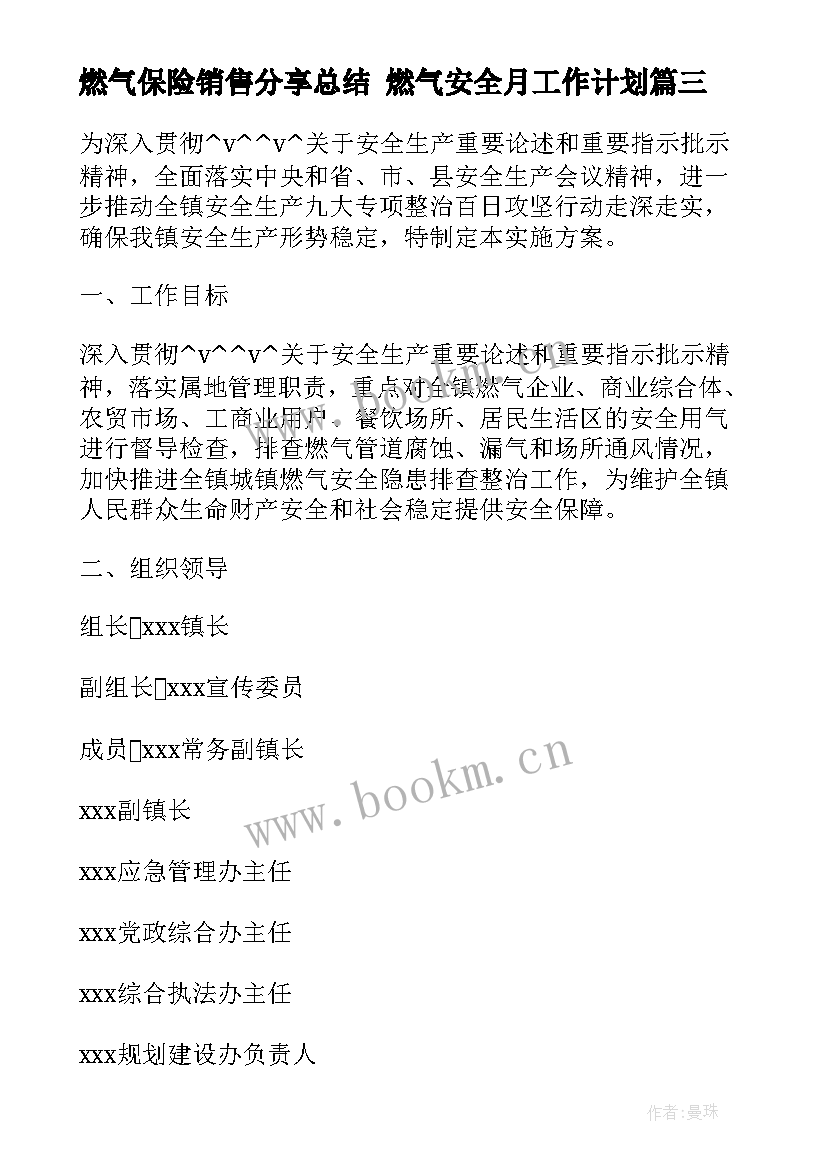 燃气保险销售分享总结 燃气安全月工作计划(汇总9篇)