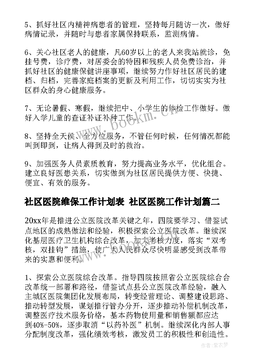 社区医院维保工作计划表 社区医院工作计划(精选5篇)