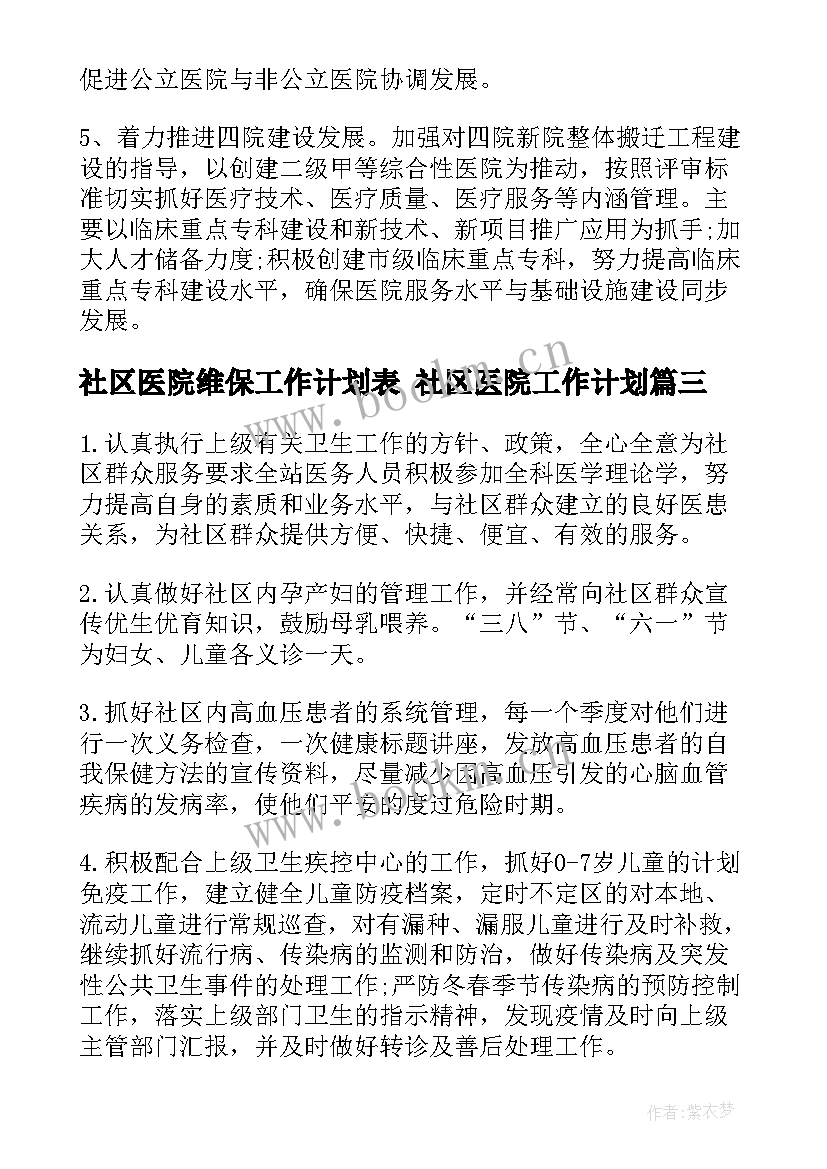 社区医院维保工作计划表 社区医院工作计划(精选5篇)