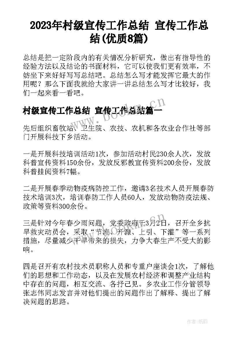 2023年村级宣传工作总结 宣传工作总结(优质8篇)