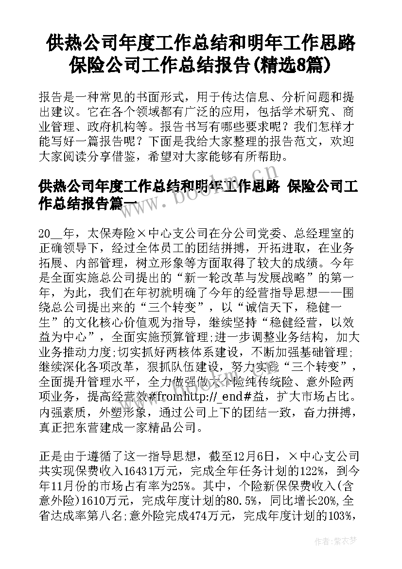 供热公司年度工作总结和明年工作思路 保险公司工作总结报告(精选8篇)