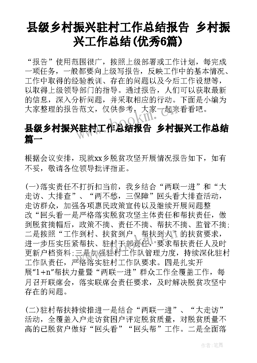 县级乡村振兴驻村工作总结报告 乡村振兴工作总结(优秀6篇)