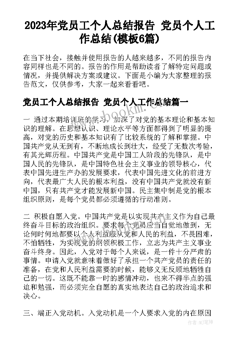 2023年党员工个人总结报告 党员个人工作总结(模板6篇)