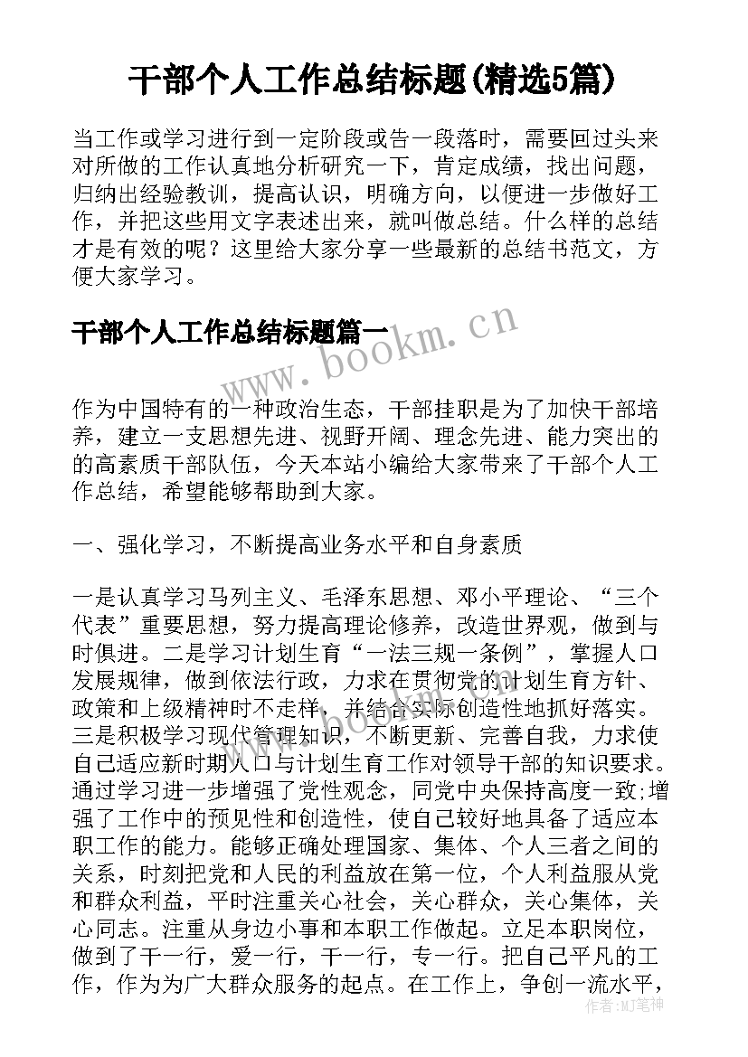 干部个人工作总结标题(精选5篇)