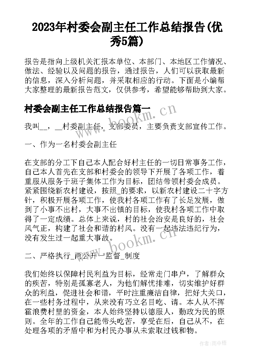 2023年村委会副主任工作总结报告(优秀5篇)