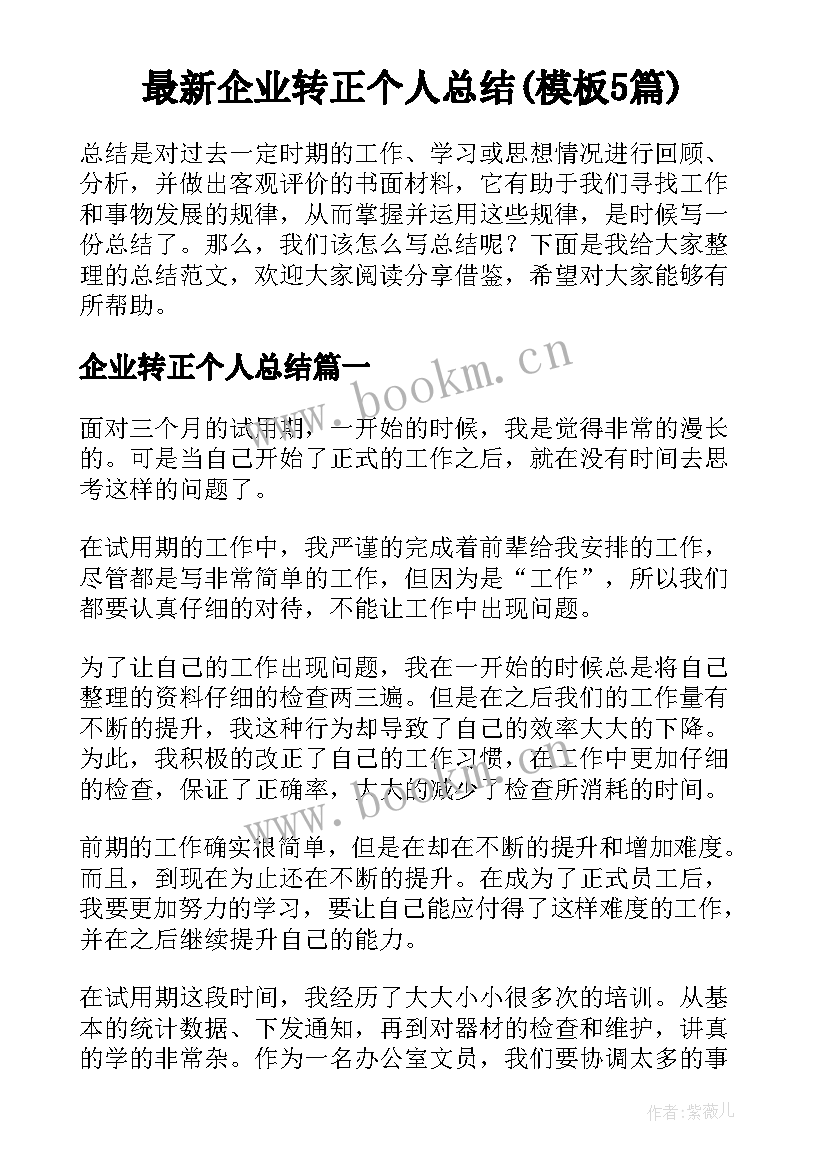 最新企业转正个人总结(模板5篇)