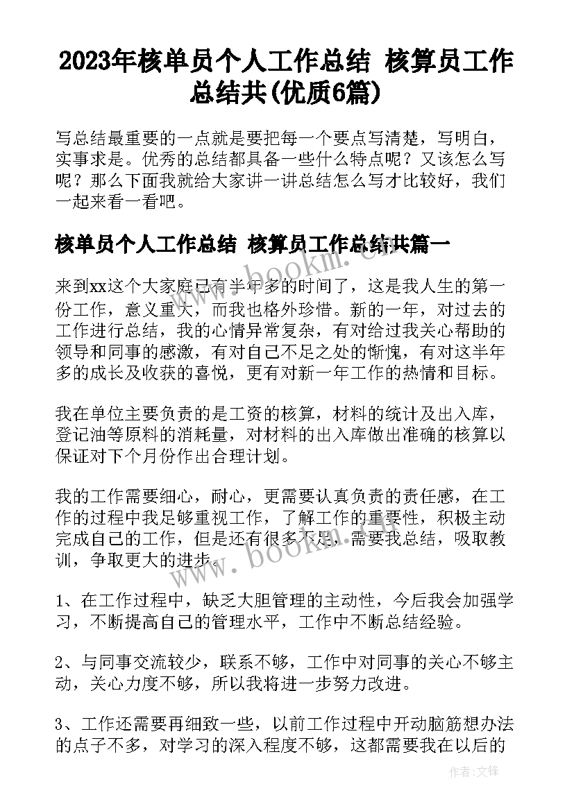 2023年核单员个人工作总结 核算员工作总结共(优质6篇)